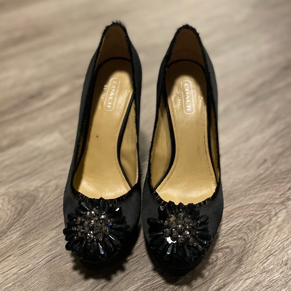 Coach black satin platform heels